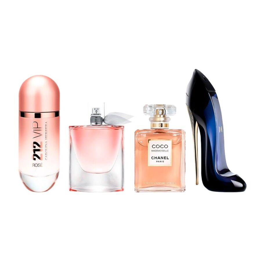 Combo de 4 Perfumes 100ml - Coco Chanel Mademoiselle, 212 VIP Rosé, La Vie est Belle, e Good Girl