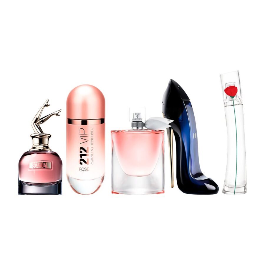 Combo de 5 Perfumes 100ml - Scandal, 212 VIP Rosé, La Vie est Belle, Good Girl e Kenzo